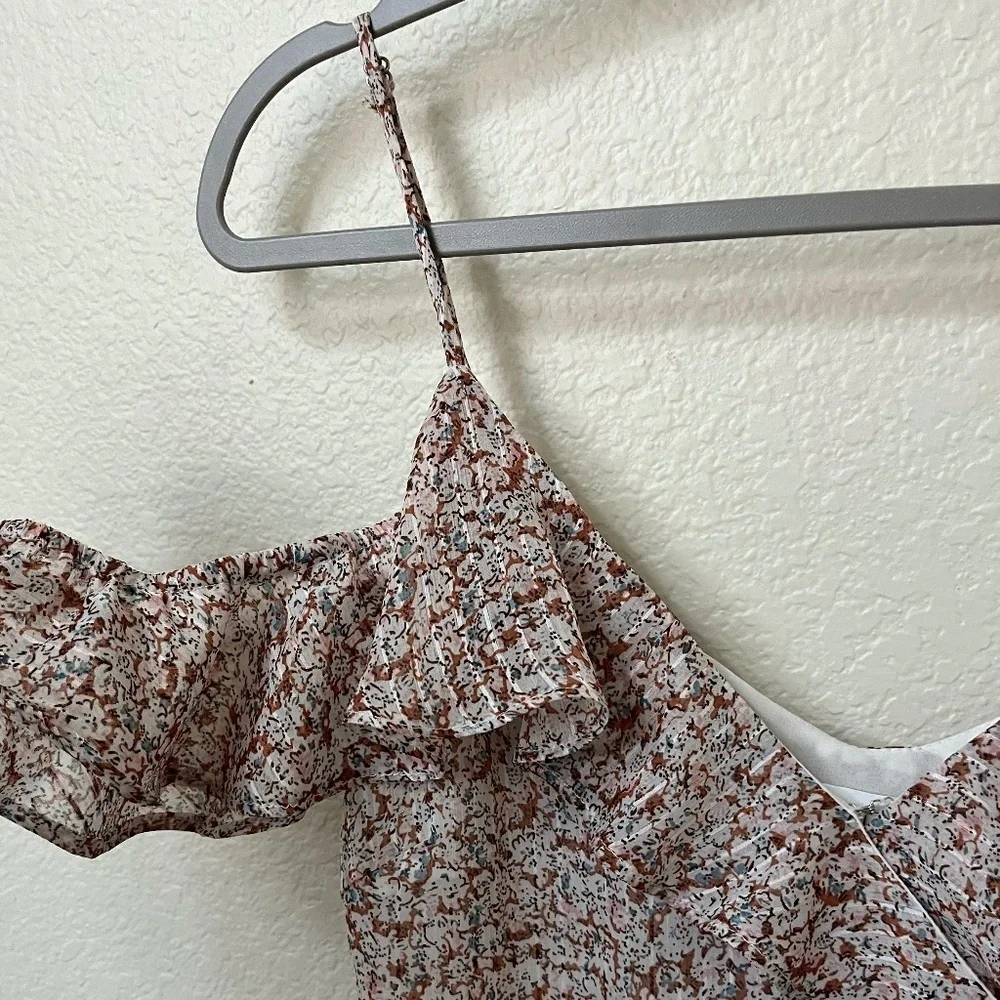 FLORET STUDIOS | Cold Shoulder Asymmetric Ruffle Dress In Rust-Cream | Size XS